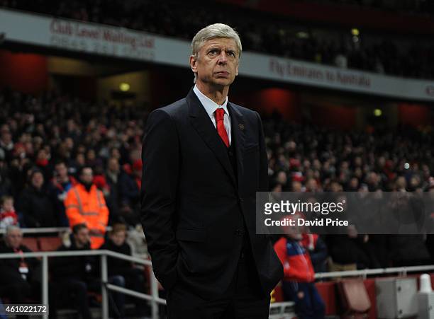 Arsene Wenger the Arsenal Manager before the match between Arsenal and Hull City in the FA Cup 3rd Round at Emirates Stadium on January 4, 2015 in...