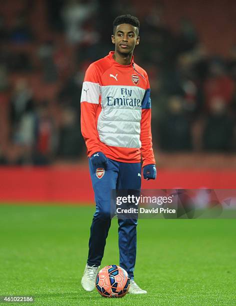 Gedion Zelalem of Arsenal warms up before the match between Arsenal and Hull City in the FA Cup 3rd Round at Emirates Stadium on January 4, 2015 in...