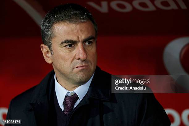 Hamza Hamzaoglu, head coach of Galatasaray, is seen ahead of the Turkish Spor Toto Super League soccer match between Besiktas and Galatasaray at...