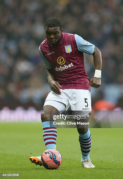 Jores Okore of Aston Villa in action during the FA Cup Third Round Match between Aston Villa and Blackpool at Villa Park on January 4, 2015 in...