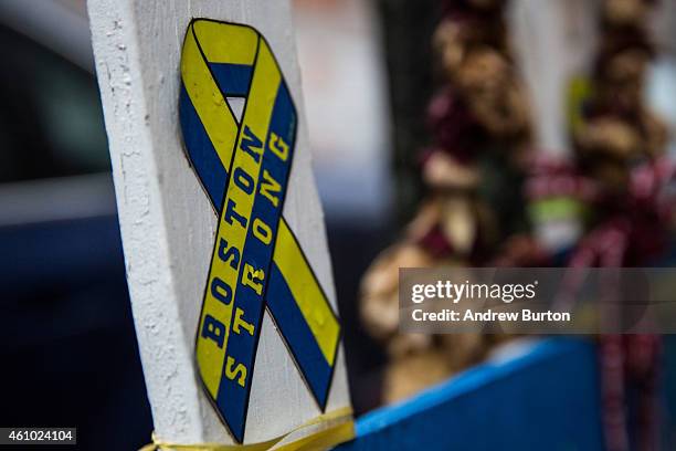 Memorial stands at the site of the first bomb that went off in the Boston Marathon bombing of 2013 on January 4, 2015 in Boston, Massachusetts. Jury...