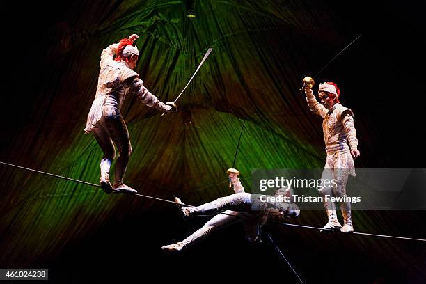 Members of Cirque Du Soleil perform the high wire act during the dress rehearsal for "Kooza" by Cirque Du Soleil" at Royal Albert Hall on January 4,...