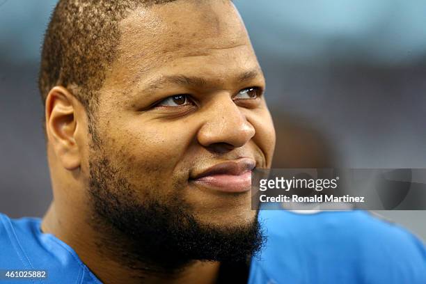 Defensive tackle Ndamukong Suh of the Detroit Lions looks on before taking on the Dallas Cowboys during the NFC Wildcard Playoff Game at AT&T Stadium...