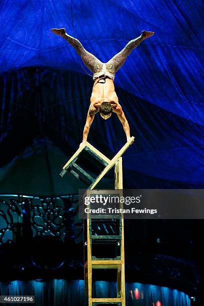 Yao Deng Bo performs the balancing on chairs act during the dress rehearsal for "Kooza" by Cirque Du Soleil" at Royal Albert Hall on January 4, 2015...