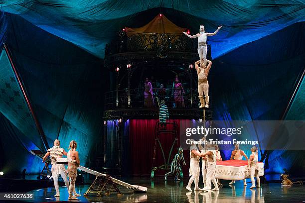 Members of Cirque Du Soleil perform the teeterboard act during the dress rehearsal for "Kooza" by Cirque Du Soleil" at Royal Albert Hall on January...