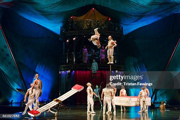 Members of Cirque Du Soleil perform the teeterboard act during the dress rehearsal for "Kooza" by Cirque Du Soleil" at Royal Albert Hall on January...