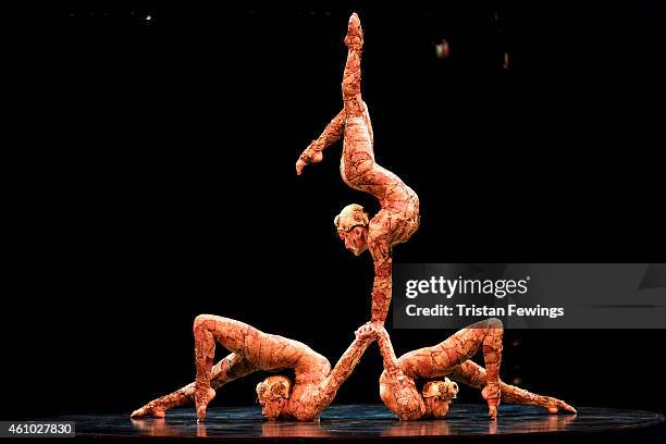 Members of Cirque Du Soleil perform the contortion act during the dress rehearsal for "Kooza" by Cirque Du Soleil" at Royal Albert Hall on January 4,...