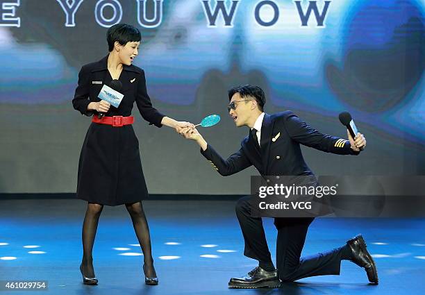 Actor Julian Cheung and actress Amber Kuo attend film Film "Triumph In The Skies" Beijing press conference on January 4, 2015 in Beijing, China.