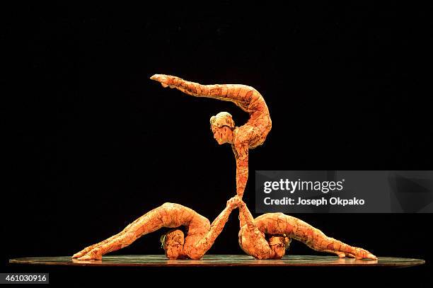 Members of Cirque Du Soleil perform the Contortion act during the dress rehearsal for "Kooza" by Cirque Du Soleil" at Royal Albert Hall on January 4,...