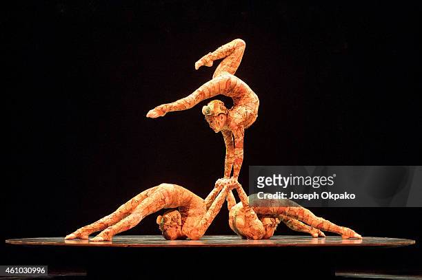 Members of Cirque Du Soleil perform the Contortion act during the dress rehearsal for "Kooza" by Cirque Du Soleil" at Royal Albert Hall on January 4,...