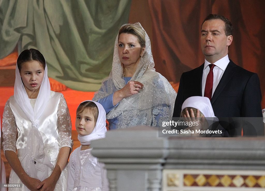 Russian Prime Minister Dmitry Medvedev Attendeds Orthodox Christmas Mass In Moscow