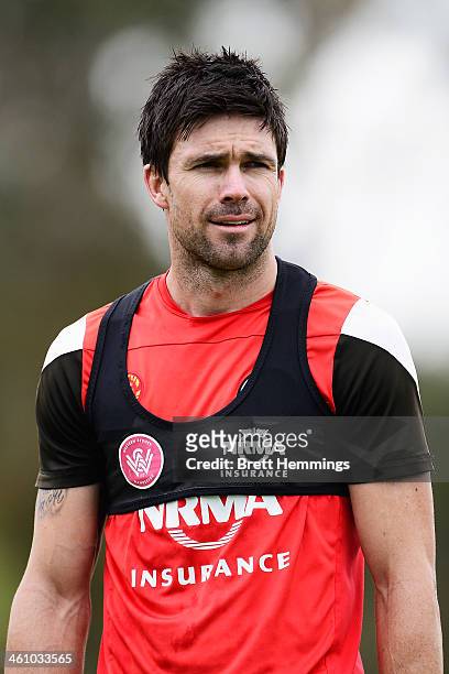 Michael Beauchamp of the Wanderers looks on during a Western Sydney Wanderers A-League training session at Blacktown International Sportspark on...