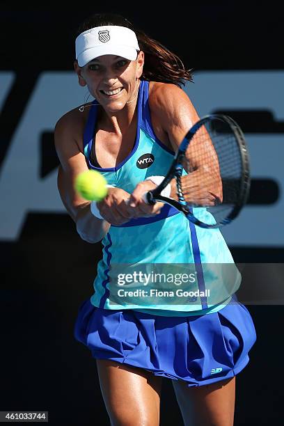 Chanelle Scheepers of South Africa in action against fourth seed Barbora Zahlavova Strycova of the Czech Republic on day one of the 2015 ASB Classic...