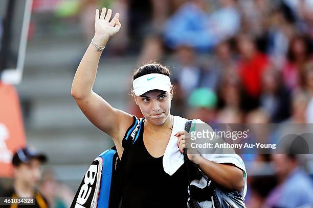 Ana Konjuh of Croatia celebrates winning the match against Mona Barthel of Germany during day one of the 2015 ASB Classic at ASB Tennis Centre on...