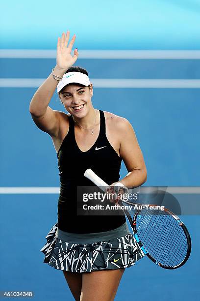 Ana Konjuh of Croatia celebrates winning the match against Mona Barthel of Germany during day one of the 2015 ASB Classic at ASB Tennis Centre on...