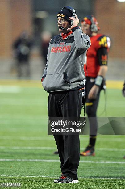 Head coach Randy Edsall of the Maryland Terrapins watches the game against the Rutgers Scarlet Knights at Byrd Stadium on November 29, 2014 in...