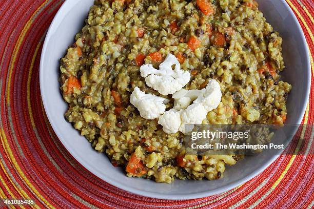 Brown Rice and Split Moong Kitchari With Cauliflower. Tableware from Crate and Barrel. .