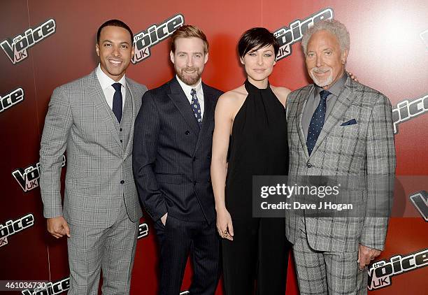 Marvin Humes, Ricky Wilson, Emma Willis and Sir Tom Jones attend the launch of "The Voice UK" Series 4 at The Mondrian Hotel on January 5, 2015 in...
