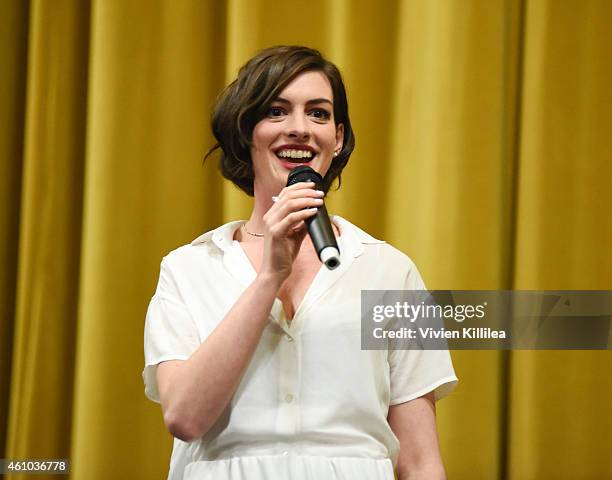 Actress Anne Hathaway does a Q&A after a screening of "Song One" at the 26th Annual Palm Springs International Film Festival Film - Day 3 Film...