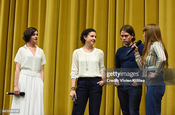 Actress Anne Hathaway, director Kate Barker-Froyland and musicians Johnathan Rice and Jenny Lewis do a Q&A after a screening of "Song One" at the...