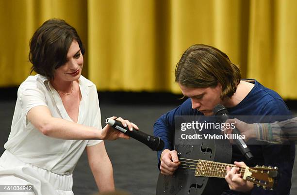 Actress Anne Hathaway and musician Johnathan Rice on stage after a screening of "Song One" at the 26th Annual Palm Springs International Film...
