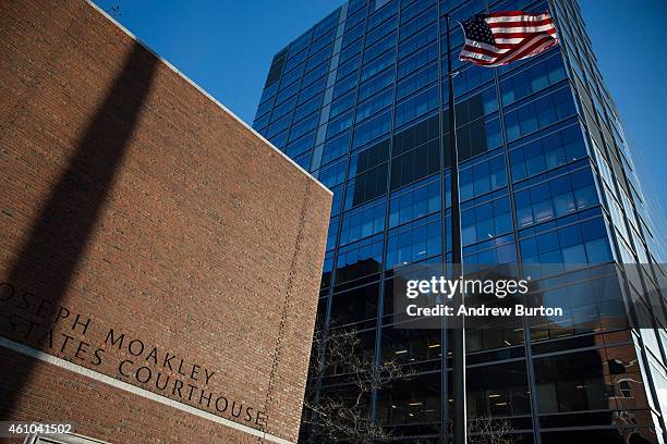 Flag flies outside the John Joseph Moakley United States Courthouse, where jury selection is beginning today in the case against Dzhokhar A....