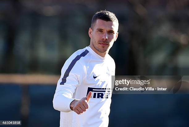 Lukas Podolski during the FC Internazionale Training Session at Appiano Gentile on January 05, 2015 in Como, Italy.