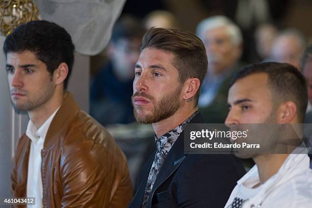 Soccer player Isco, soccer player Sergio Ramos and soccer player Jese Rodriguez attend 'Ningun Nino Sin Regalo' Campaign presentation at Estadio...