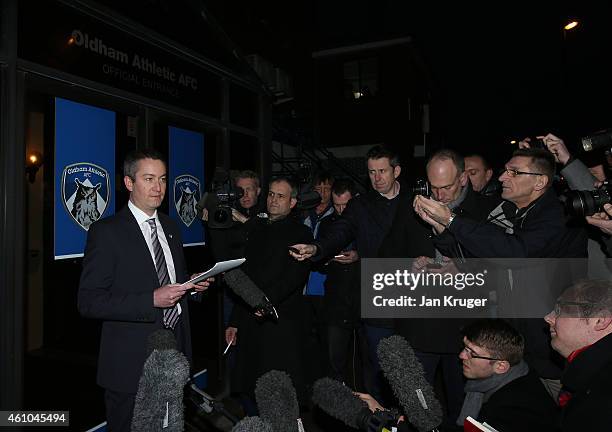 Oldham Athletic Chief Executive Neil Joy reads out a statement on behalf of the club at Boundary Park on January 5, 2015 in Oldham, England.
