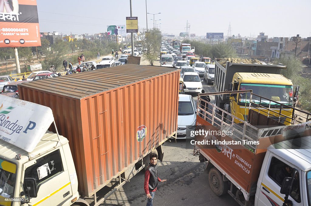 Massive Traffic Jam As Part of National Highway 24 Caves In