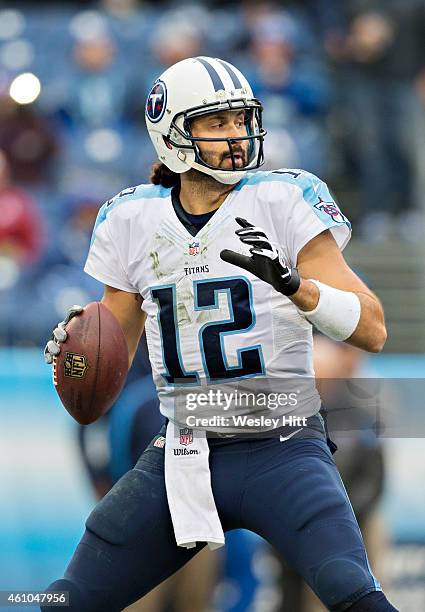 Charlie Whitehurst of the Tennessee Titans drops back to pass during the second quarter of a game against the Indianapolis Colts at LP Field on...