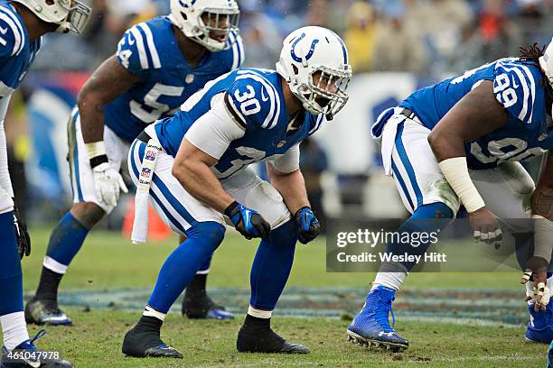 LaRon Landry of the Indianapolis Colts at the line of scrimmage during the third quarter against the Tennessee Titans at LP Field on December 28,...