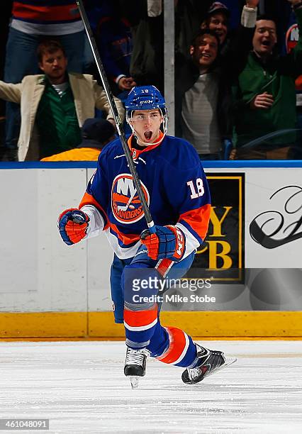 Ryan Strome of the New York Islanders celebrates his first NHL goal in the second period against the Dallas Stars at Nassau Veterans Memorial...