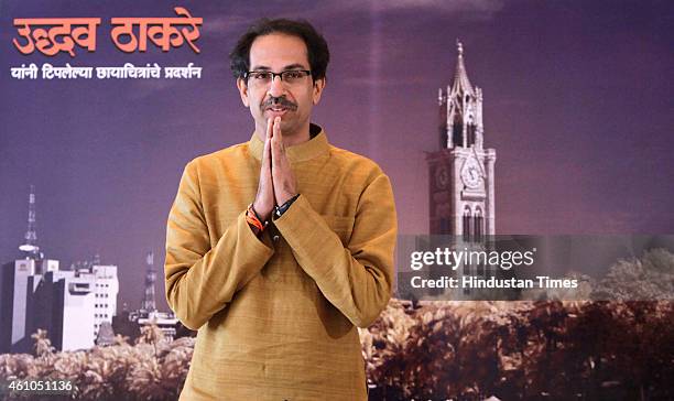 Shiv Sena President Uddhav Thackeray interacts with the media during a press conference held at Worli to announce his upcoming photo exhibition on...