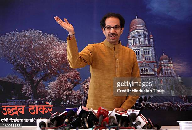 Shiv Sena President Uddhav Thackeray interacts with the media during a press conference held at Worli to announce his upcoming photo exhibition on...