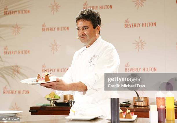 Executive Pastry Chef Thomas Henzi attends The Beverly Hilton reveal the menu for The 72nd Annual Golden Globe Awards held at The Beverly Hilton...