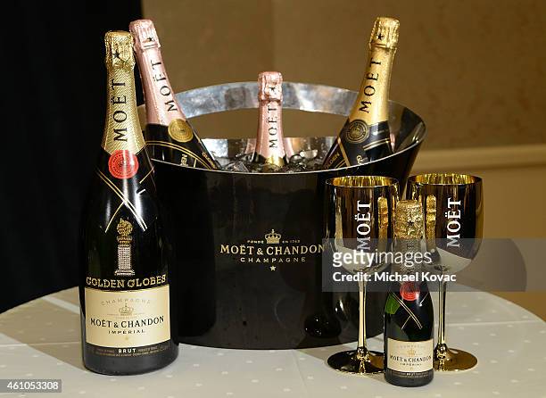 View of Moet & Chandon Champagne at the 72nd Golden Globe Awards Show Menu Unveiling at The Beverly Hilton Hotel on January 5, 2014 in Beverly Hills,...