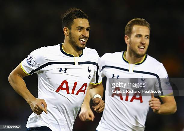 Nacer Chadli of Tottenham Hotspur celebrates scoring the opening goal with Harry Kane of Tottenham Hotspur during the FA Cup Third Round match...