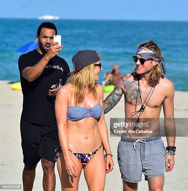 Craig David, Ellie Goulding and Dougie Poynter are seen on January 5, 2015 in Miami, Florida.