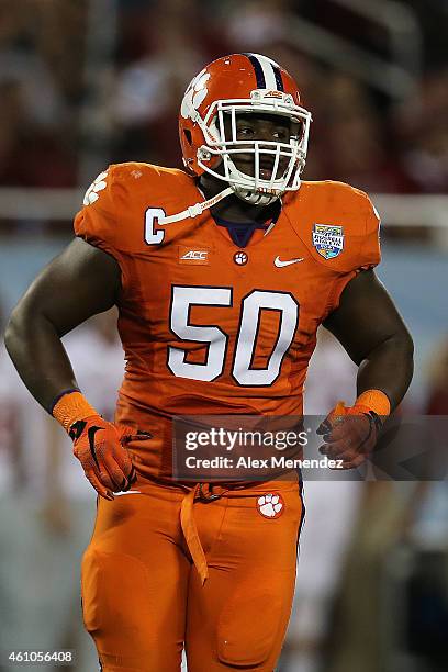 Grady Jarrett of the Clemson Tigers yells on the field during the NCAA Russell Athletic Bowl between the Clemson Tigers and the Oklahoma Sooners on...