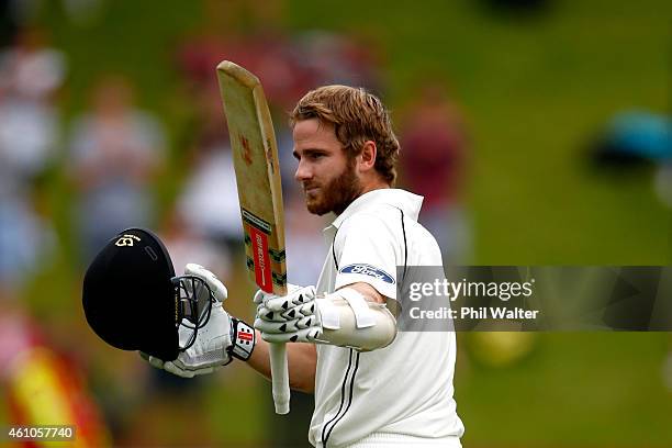 Kane Williamson of New Zealand makes his century during day four of the Second Test match between New Zealand and Sri Lanka at the Basin Reserve on...