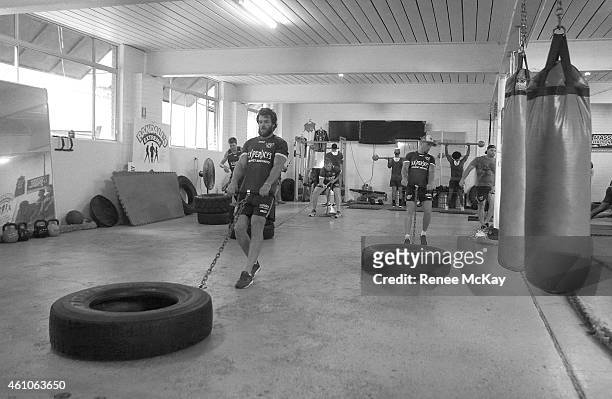 Image has been converted to black and white. David Williams in action during a Manly Sea Eagles pre season training at Randalls Gym, Brookvale, on...