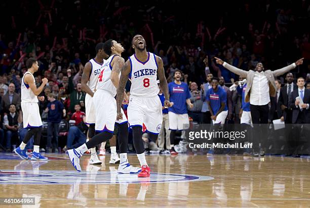 Tony Wroten of the Philadelphia 76ers reacts after the 76ers defeated the Cleveland Cavaliers 95-92 on January 5, 2015 at the Wells Fargo Center in...