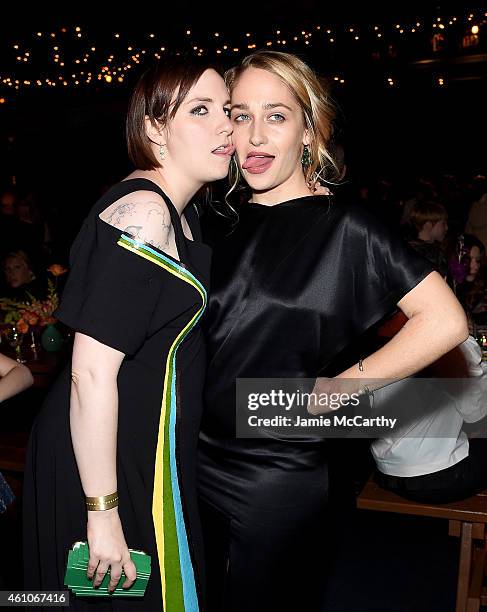 Lena Dunham and Jemima Kirke attend the "Girls" season four series premiere after party at The Museum of Natural History on January 5, 2015 in New...