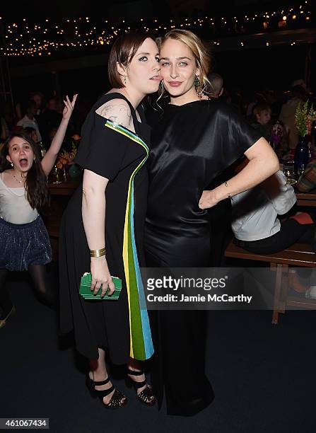 Lena Dunham and Jemima Kirke attend the "Girls" season four series premiere after party at The Museum of Natural History on January 5, 2015 in New...
