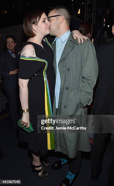 Lena Dunham and Jack Antonoff attend the "Girls" season four series premiere after party at The Museum of Natural History on January 5, 2015 in New...