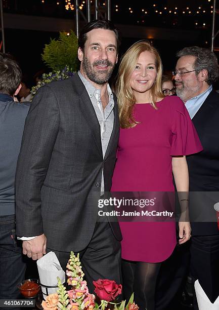 Jon Hamm and Jennifer Westfeldt attend the "Girls" season four series premiere after party at The Museum of Natural History on January 5, 2015 in New...