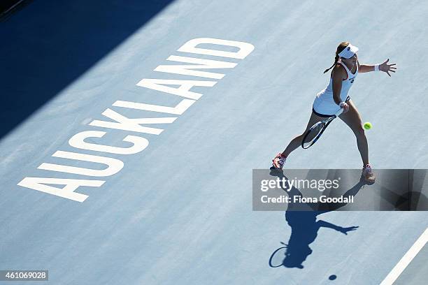 Jana Cepelova of Slovakia plays a forehand shot during her match against third seed Venus Williams during day two of the 2015 ASB Classic at ASB...