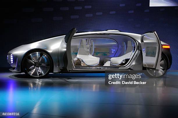 Mercedes-Benz F 015 autonomous driving automobile is displayed at the Mercedes-Benz press event at The Chelsea at The Cosmopolitan of Las Vegas for...