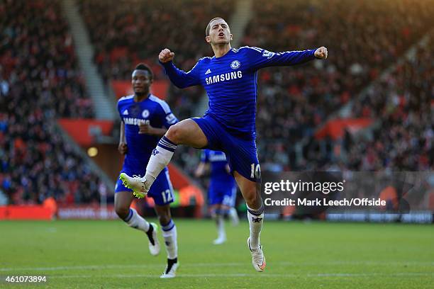 Eden Hazard of Chelsea celebrates after scoring their 1st goal during the Barclays Premier League match between Southampton and Chelsea at St Mary's...